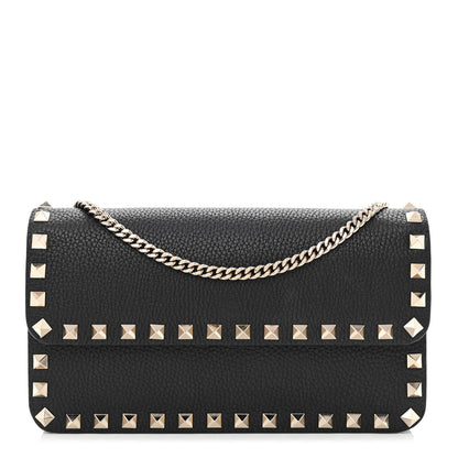 Valentino Garavani Pebbled Calfskin Rockstud Flap Wallet On Chain Black 1 of 9