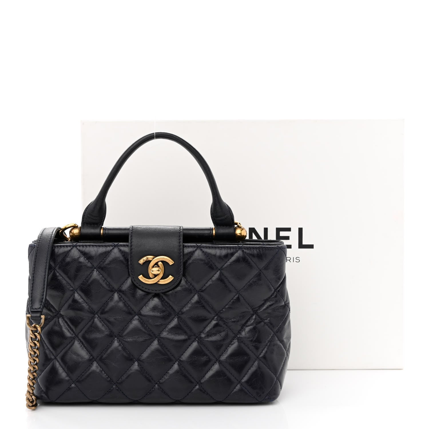 Chanel Glazed Calfskin Quilted Small Gold Bar Tote Navy Blue 14 of 14