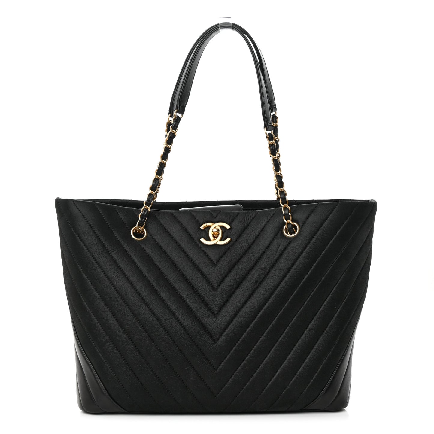 Calfskin Chevron Quilted Shopping Tote Black