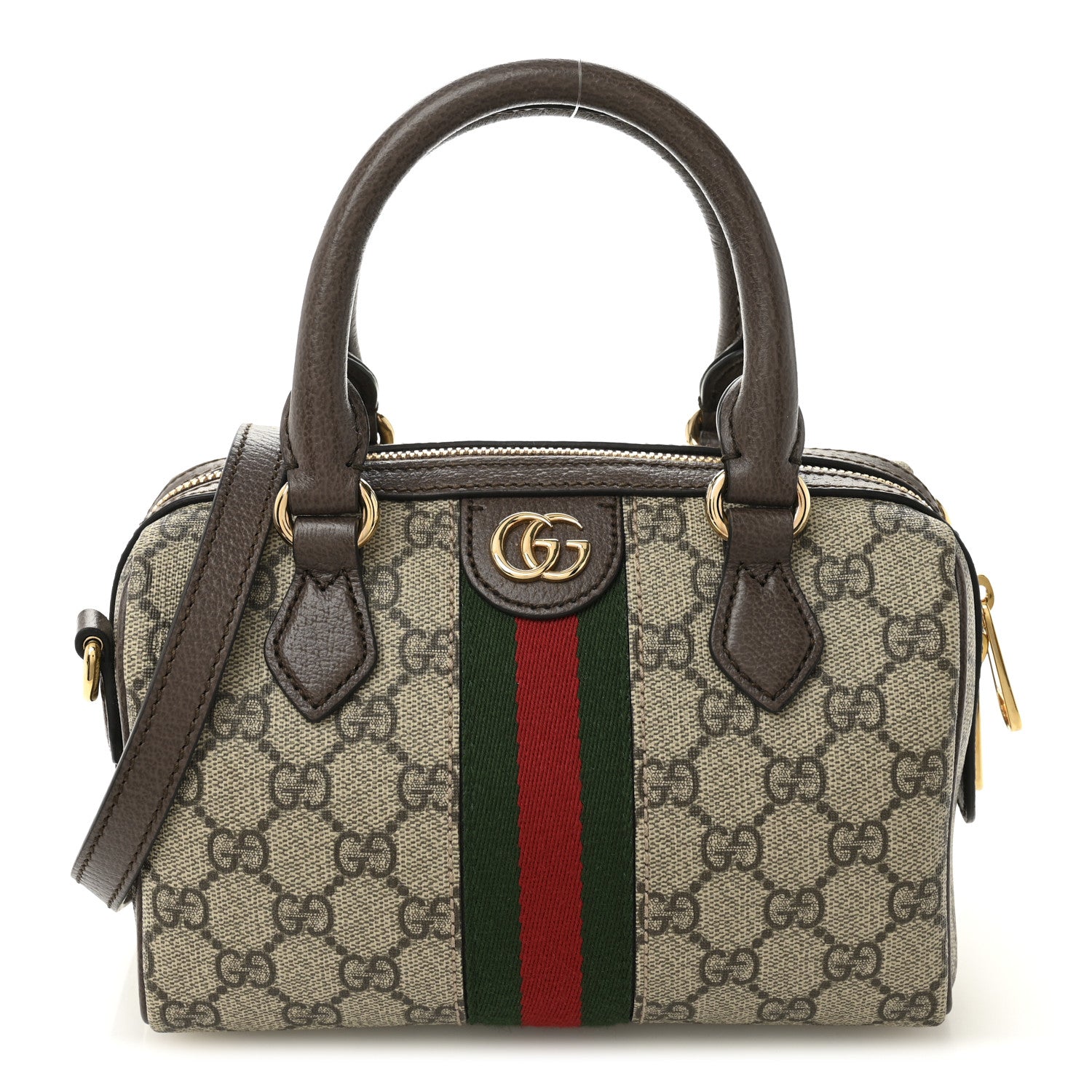 Gucci GG Supreme Monogram Textured Dollar Calfskin Web Mini Ophidia Top Handle Bag Beige Ebony New Acero 1 of 11