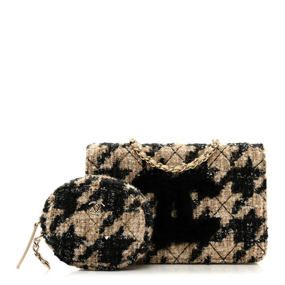 Chanel Tweed Shearling Quilted Chanel Wallet On Chain WOC and Coin Purse Beige Black 1 of 14