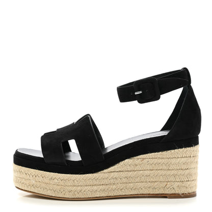 Hermes Suede Elda Espadrille Wedge Sandals 38 Black 1 of 9