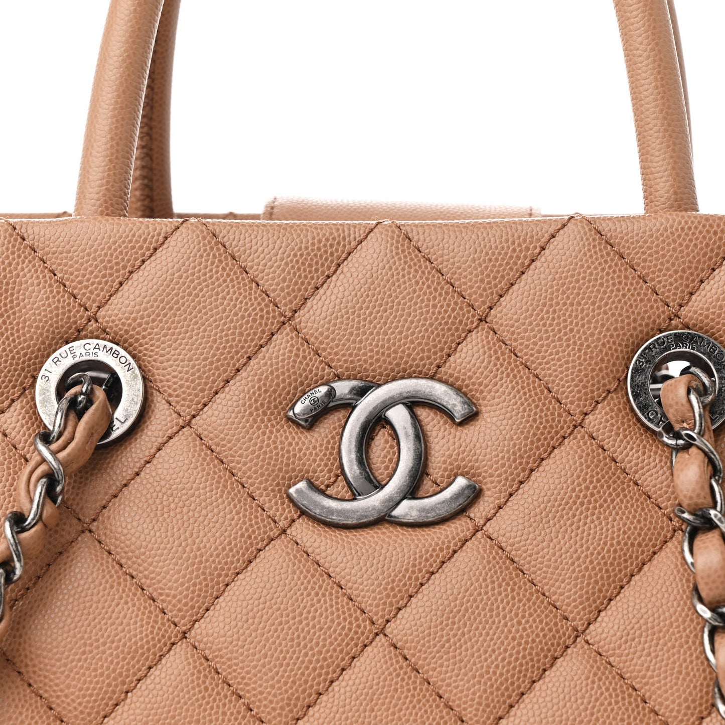 Caviar Quilted Large Coco Handle Shopping Tote Beige