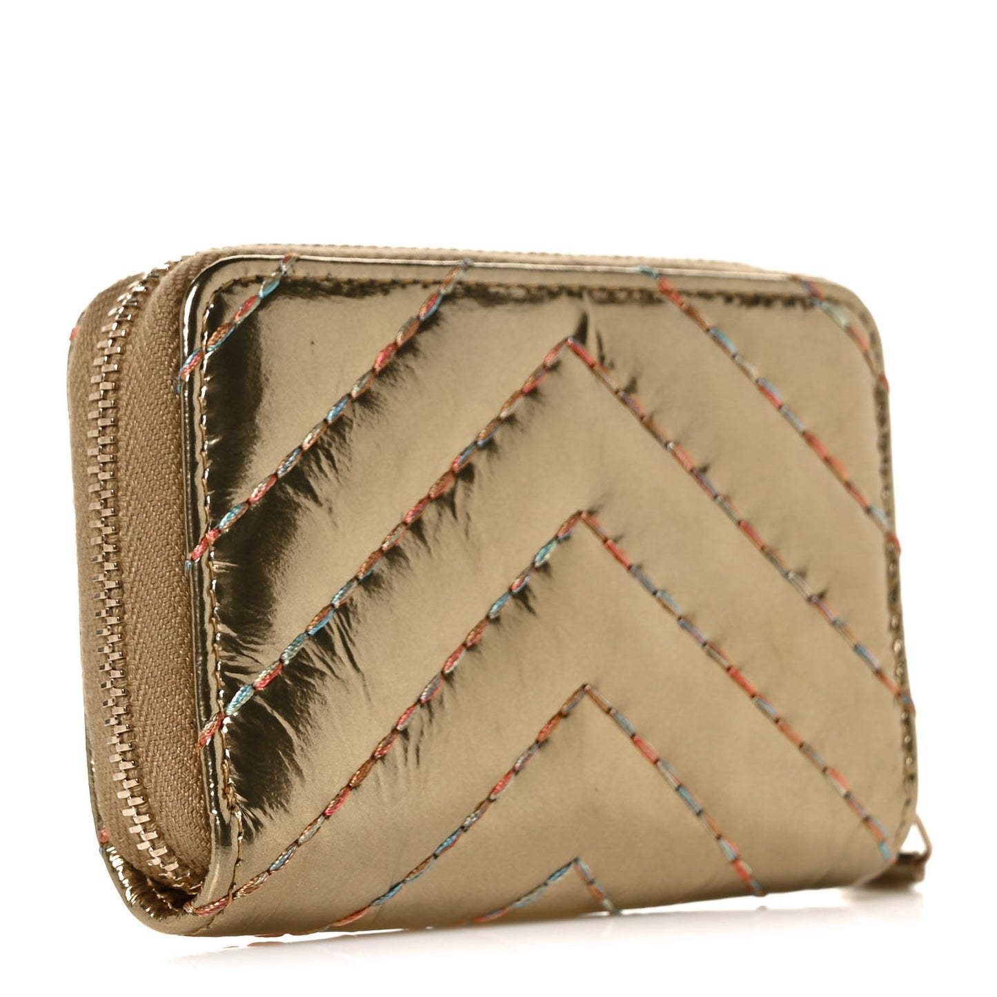 Metallic Aged Calfskin Chevron Quilted Multicolor Stitch Zip Around Coin Purse Gold