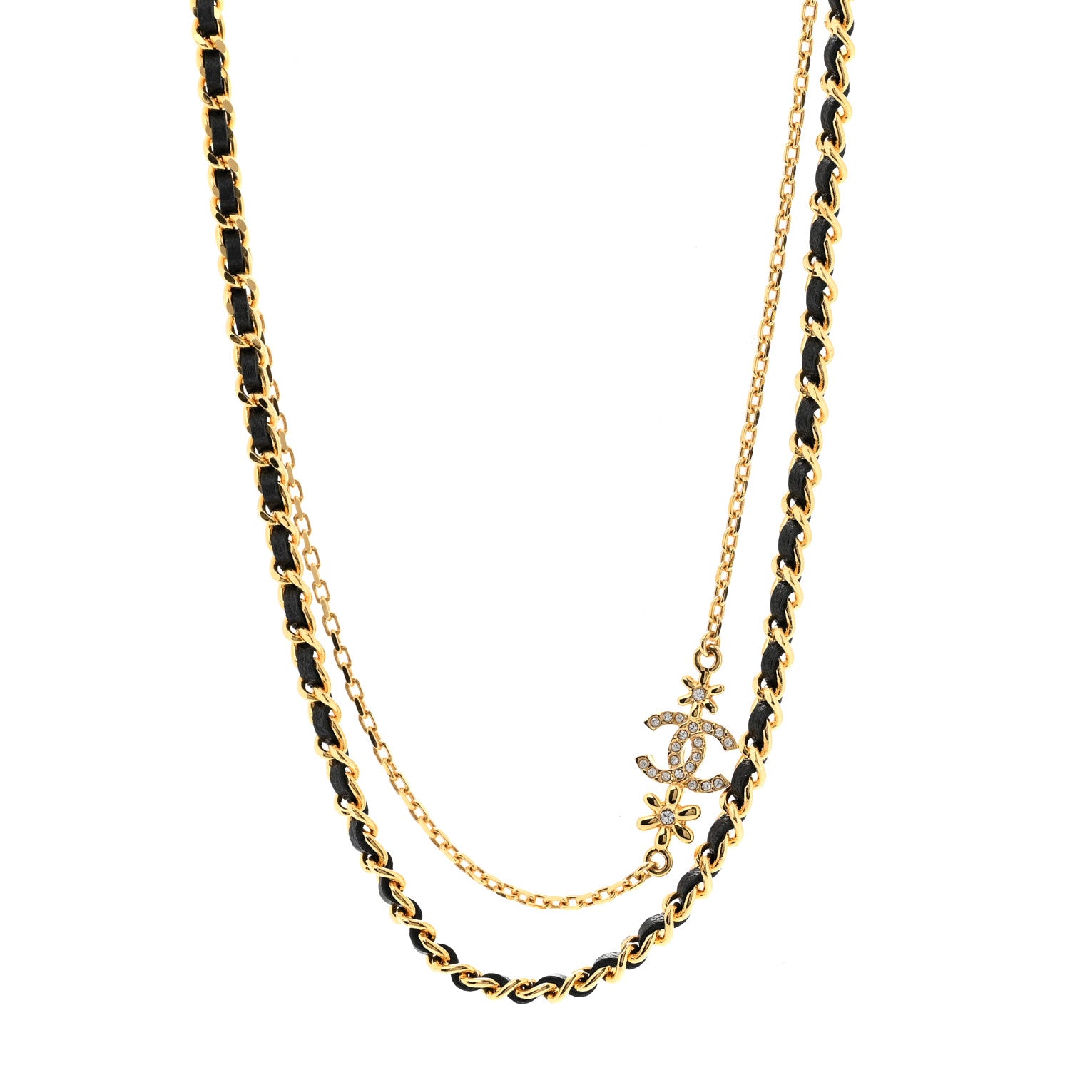 Chanel Metal Lambskin Crystal CC Double Chain Necklace Black Gold 1 of 7