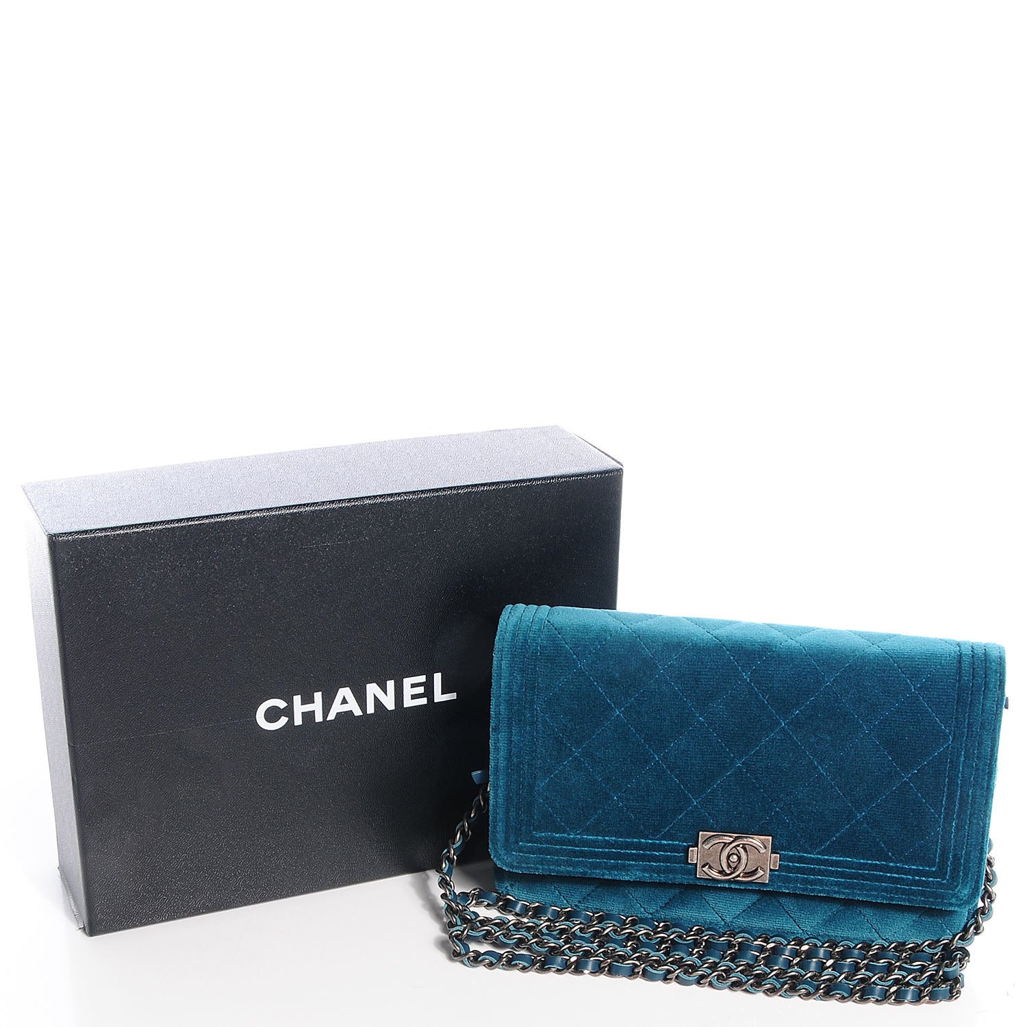 Chanel Velvet Quilted Boy Wallet On Chain WOC Turquoise 5 of 8