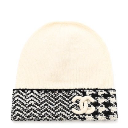 Chanel Cashmere Houndstooth CC Beanie Hat White Black 1 of 4