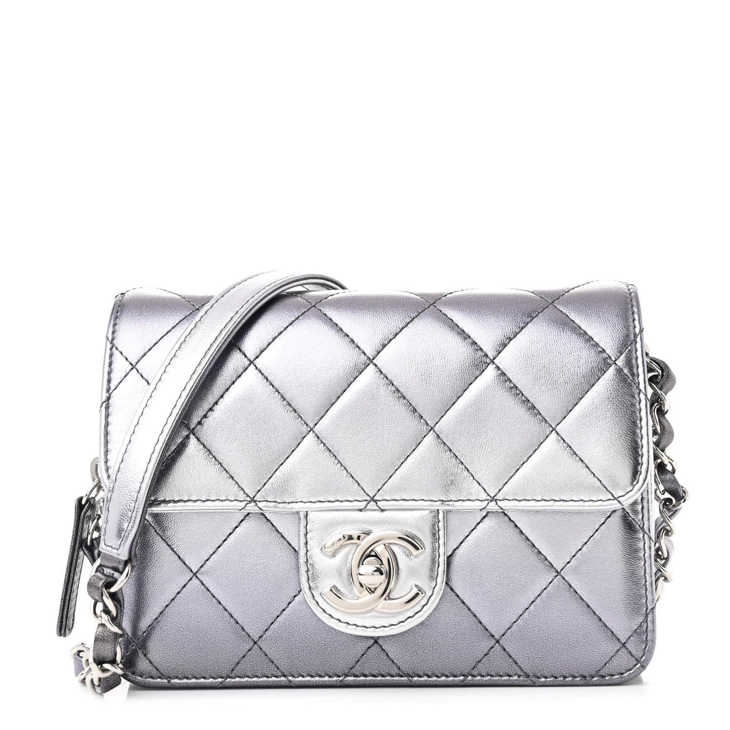 Metallic Lambskin Like A Wallet Flap Silvery Black