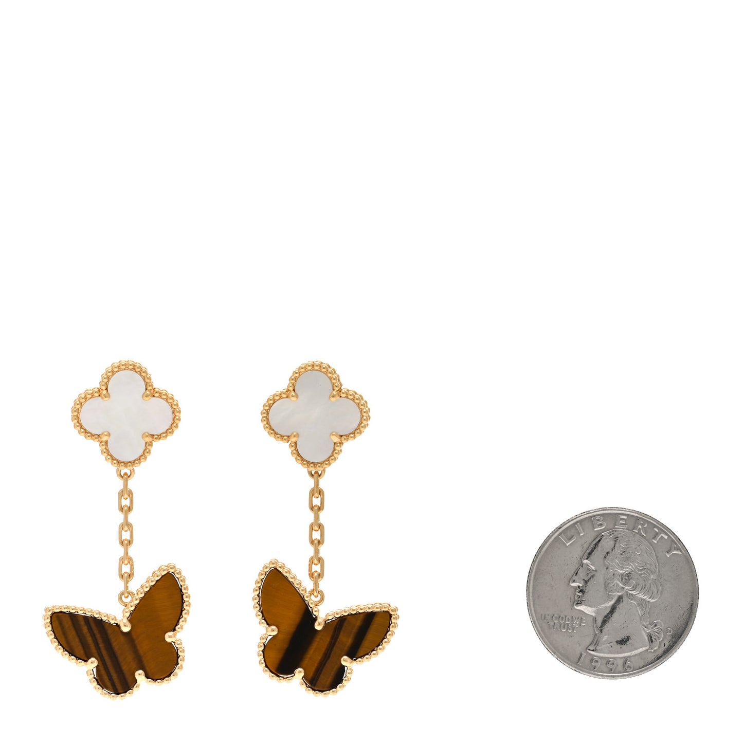 18K Yellow Gold Mother of Pearl Tiger's Eye Lucky Alhambra 2 Motifs Butterfly Earrings