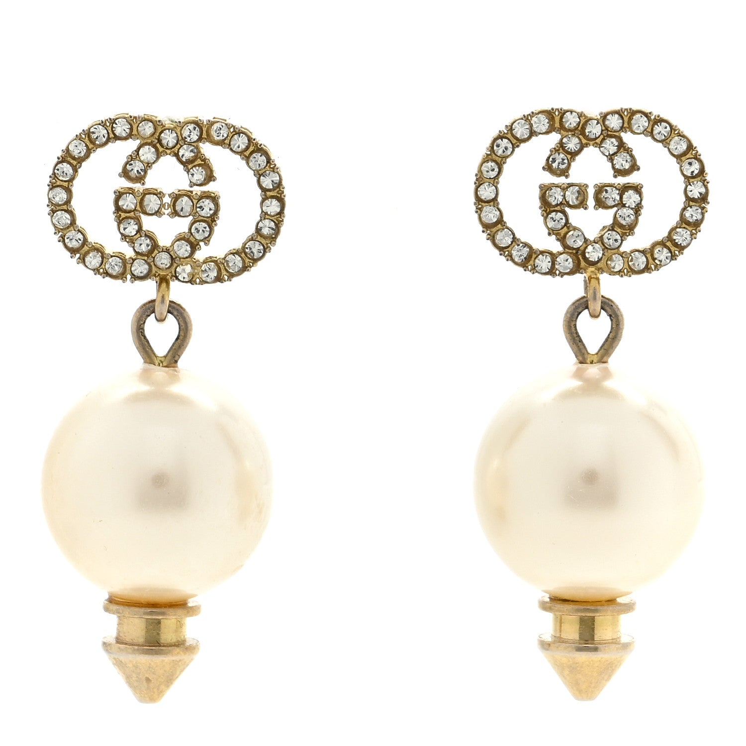 Gucci Metal Crystal Pearl Interlocking G Earrings Shiny Gold 1 of 5