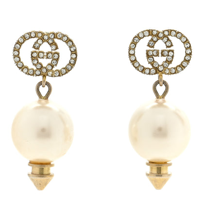 Gucci Metal Crystal Pearl Interlocking G Earrings Shiny Gold 1 of 5