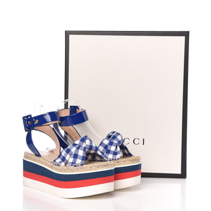 Gucci Patent Cotton Gingham Sefir Espadrille Platform Sandals 37 Blue White 10 of 10