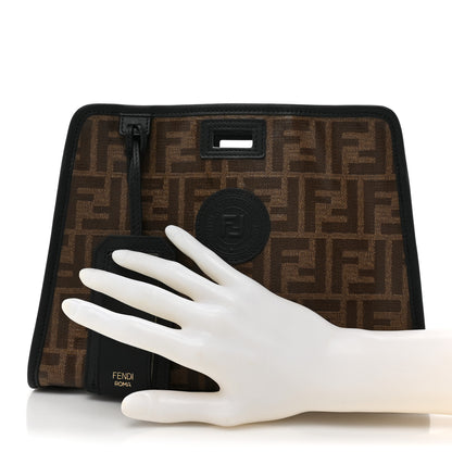 Fendi Glazed Fabric Vitello Century FF 1974 Stamp Patch Mini Peekaboo Defender Cover Mogano Panna Black 2 of 10