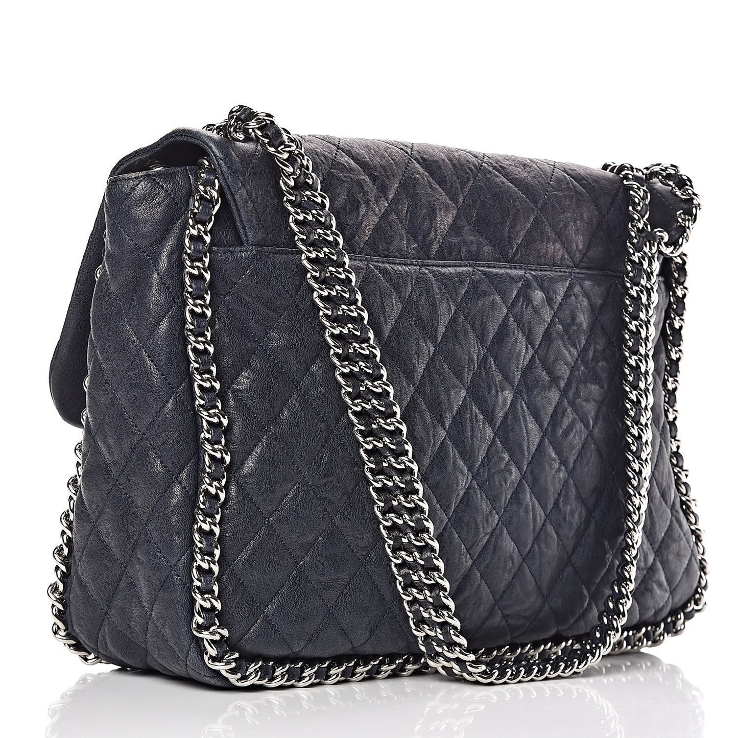 Washed Lambskin Quilted Chain Around Maxi Flap Dark Navy Blue