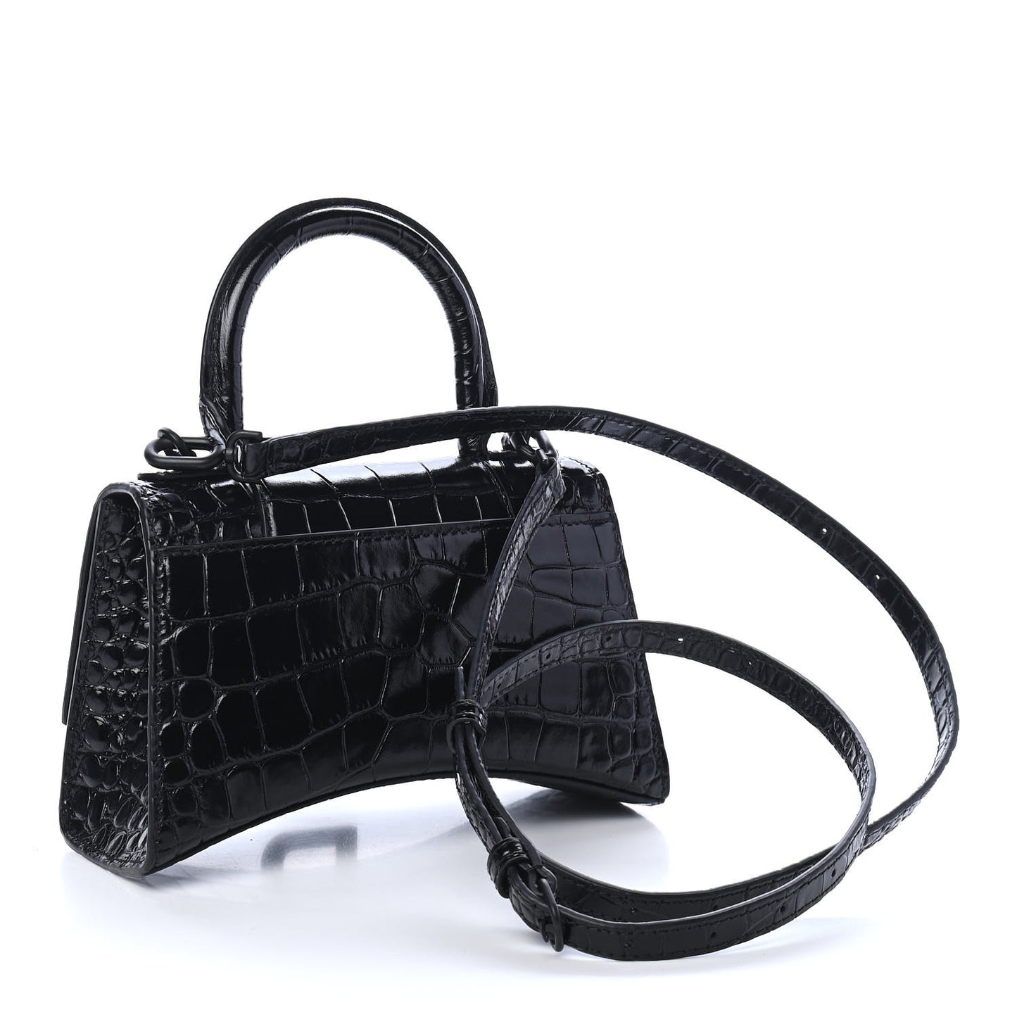Calfskin Graffiti Logo Monochrome Crocodile Embossed Hourglass Top Handle Bag XS Black