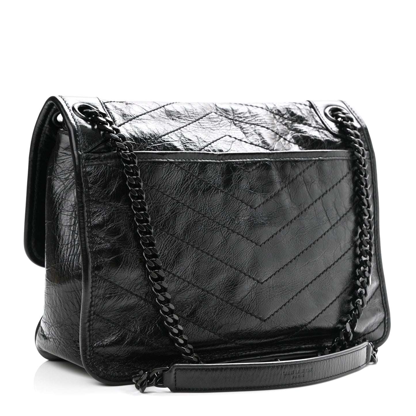 Crinkled Calfskin Matelasse Monogram Medium Niki Chain Satchel Black