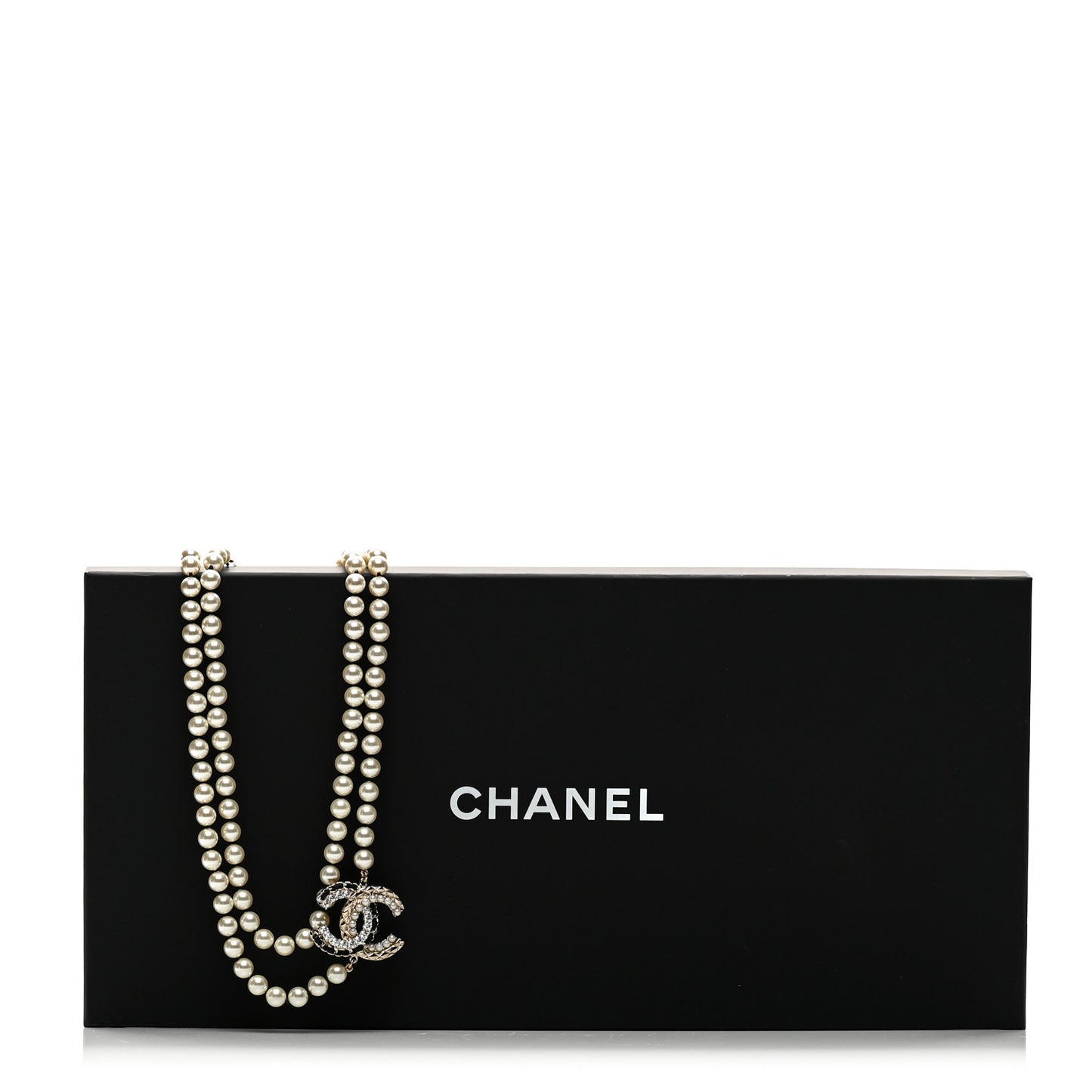 Pearl Crystal Lambskin CC Long Necklace Gold Black
