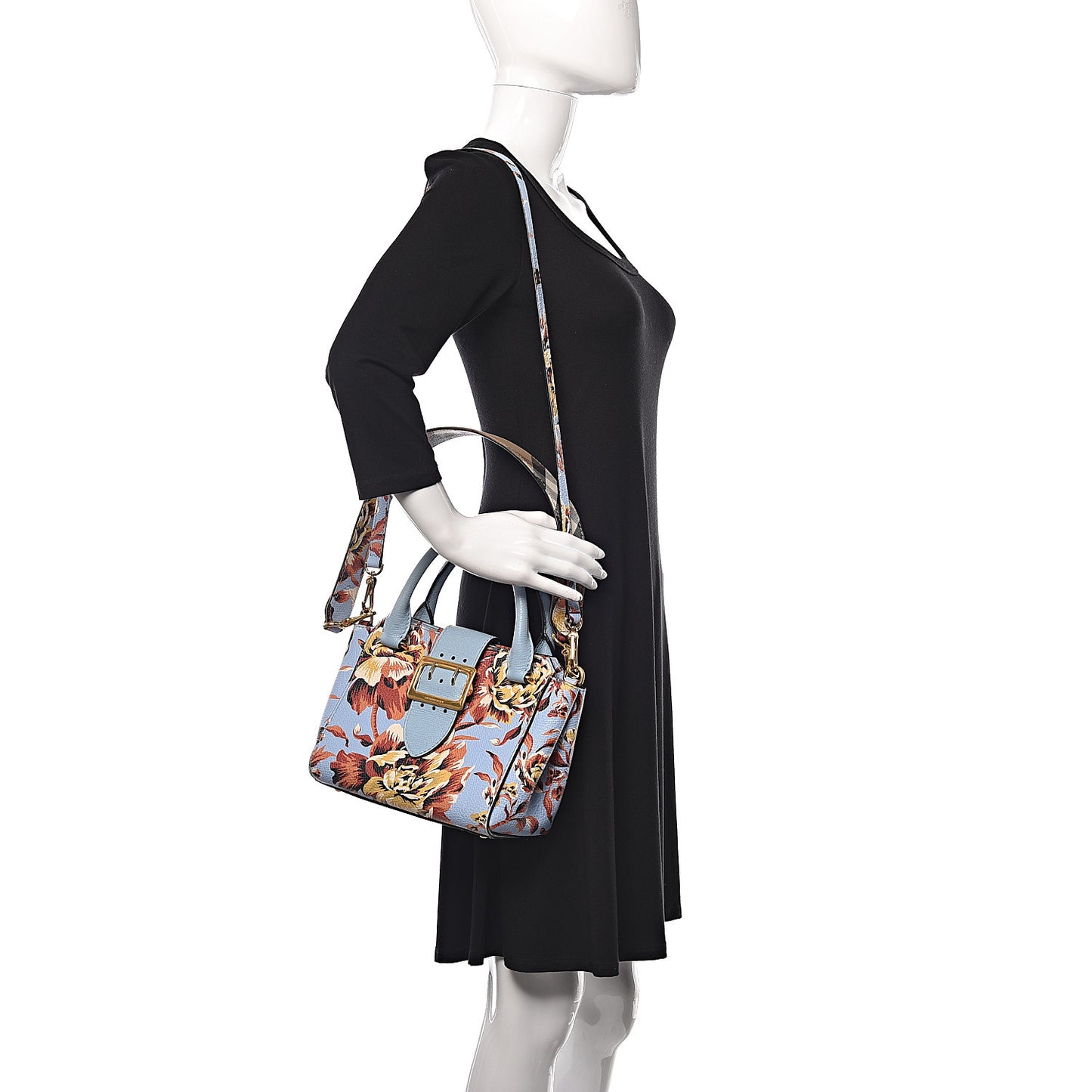 Soft Grain Calfskin Floral Print Small Buckle Tote Peony Rose Pale Blue Vibrant Orange