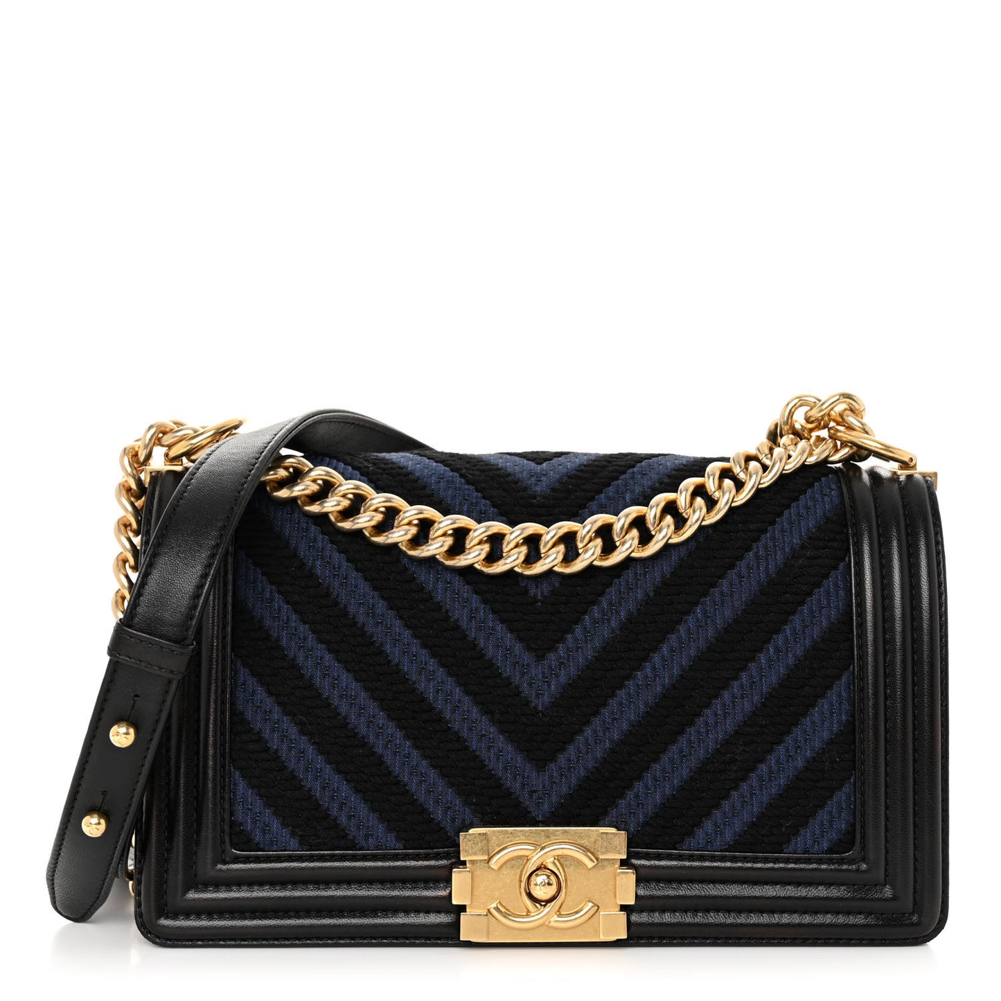 Fabric Chevron Braided Medium Boy Flap Black Navy