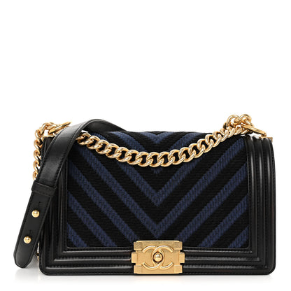 Chanel Fabric Chevron Braided Medium Boy Flap Black Navy 1 of 10