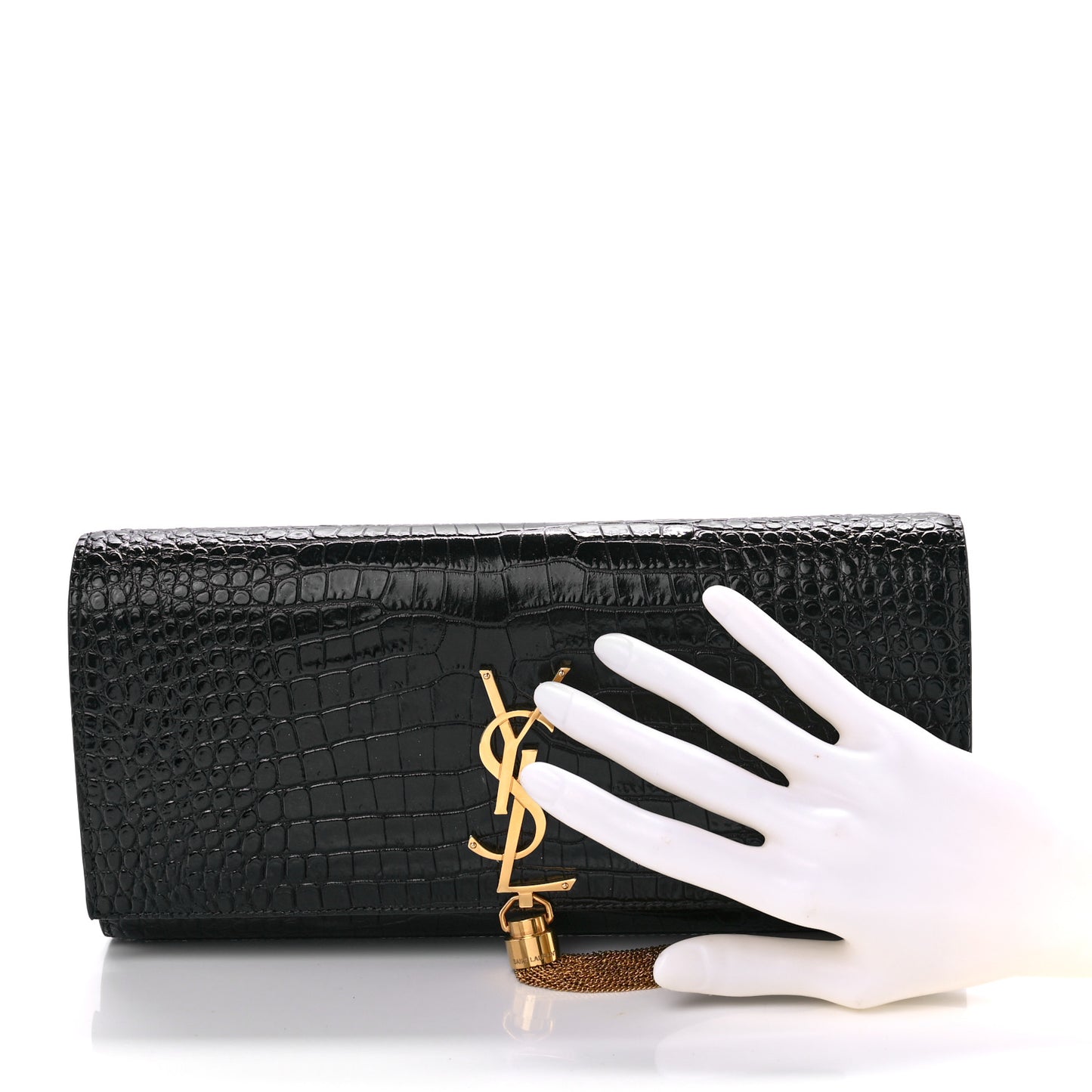 Calfskin Crocodile Embossed Classic Monogram Tassel Clutch Black