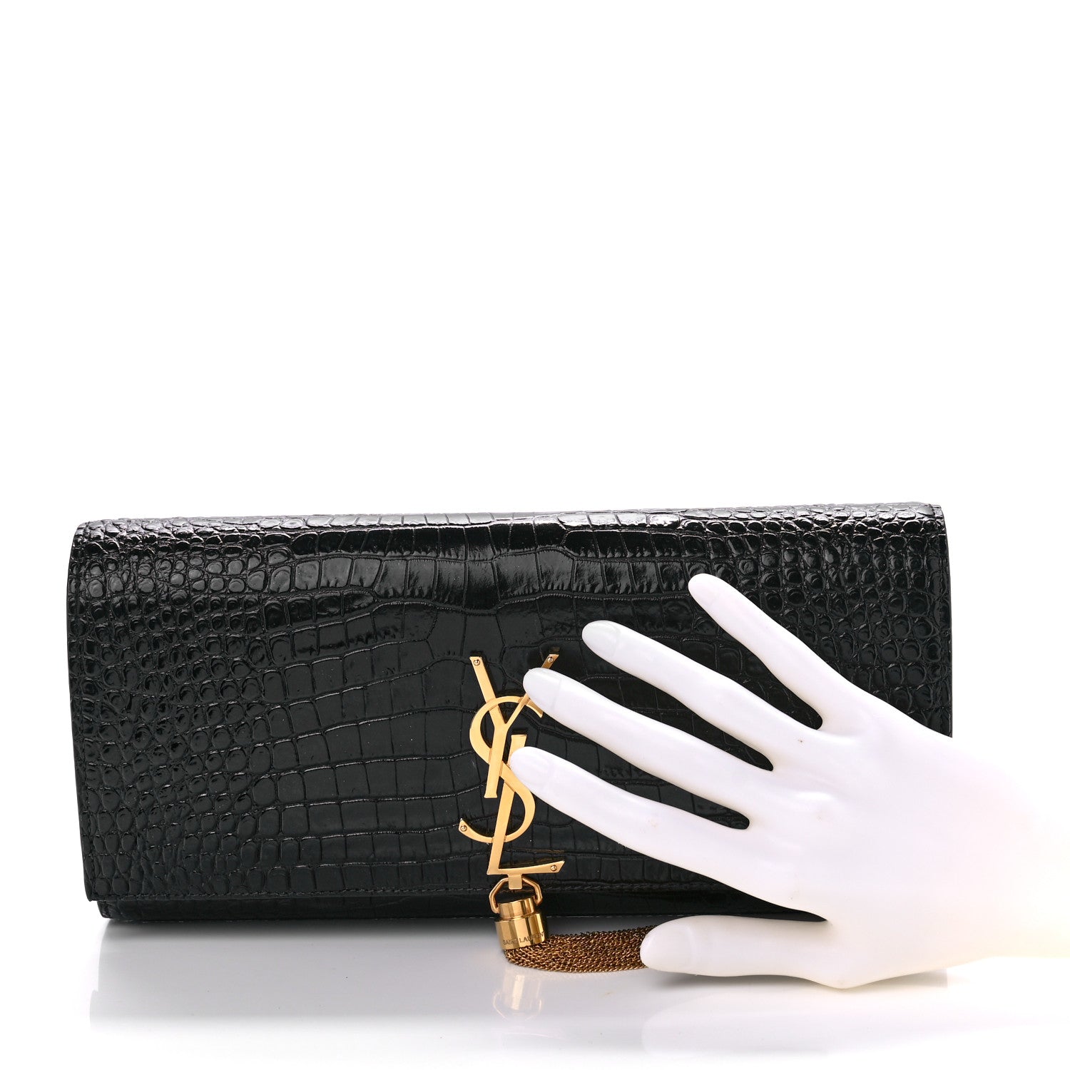 Saint Laurent Calfskin Crocodile Embossed Classic Monogram Tassel Clutch Black 2 of 8