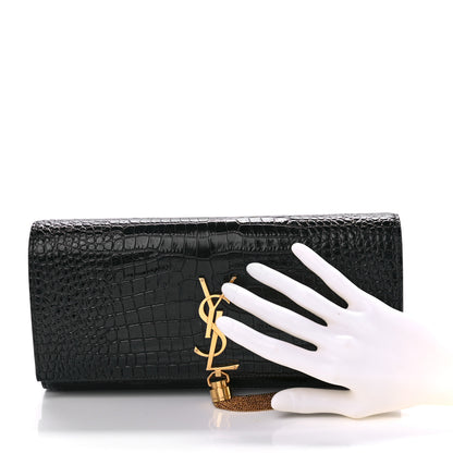 Saint Laurent Calfskin Crocodile Embossed Classic Monogram Tassel Clutch Black 2 of 8