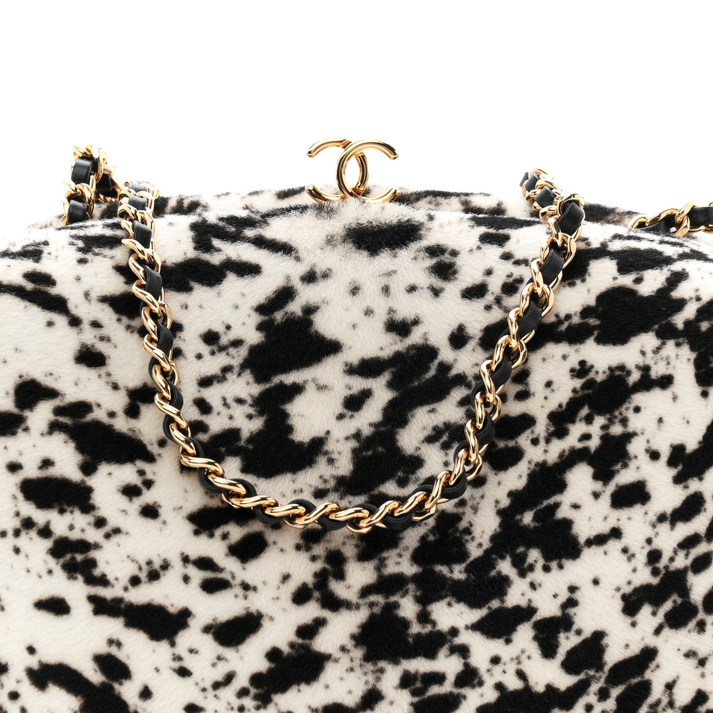 Lambskin Pony Hair Printed Clutch With Chain Black White