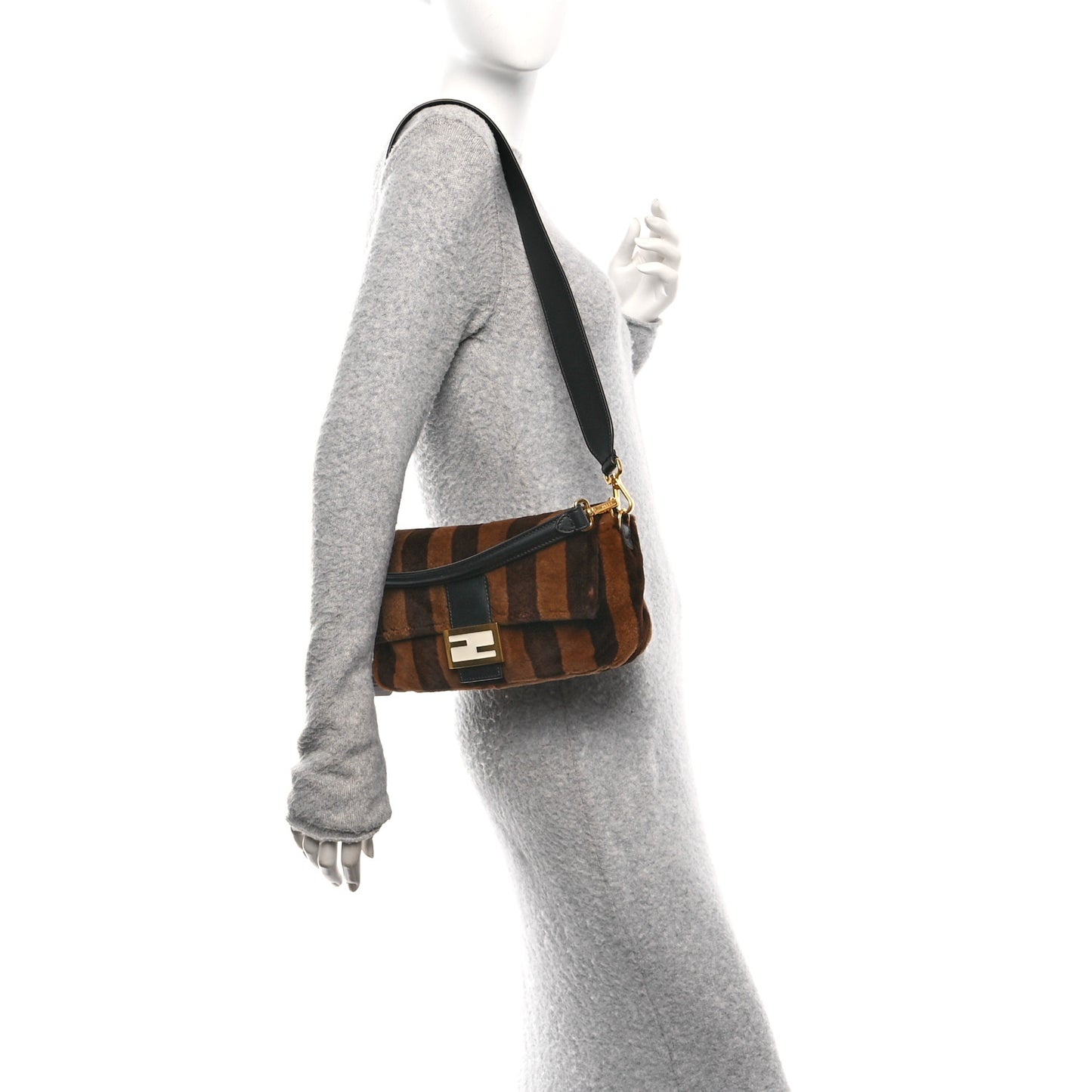 Shearling Vitello Vernice Mou Pequin Striped Baguette Tobacco Black