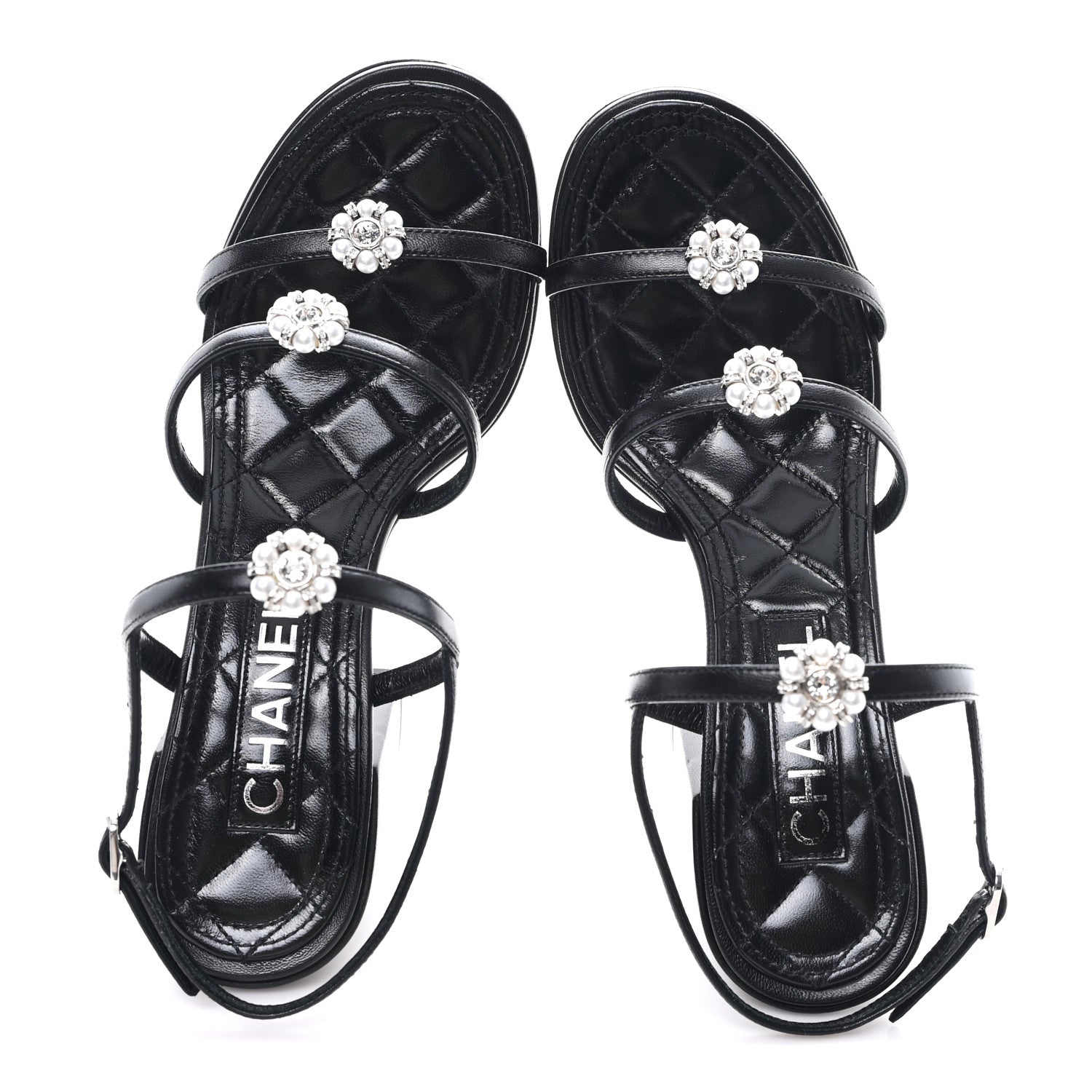 Chanel Laminated Lambskin Pearl CC Sandals 37.5 Black 2 of 9