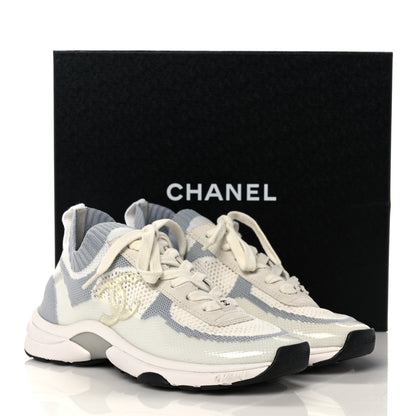 Chanel Fabric Suede Calfskin Stretch CC Sneakers 38 White Grey 7 of 7