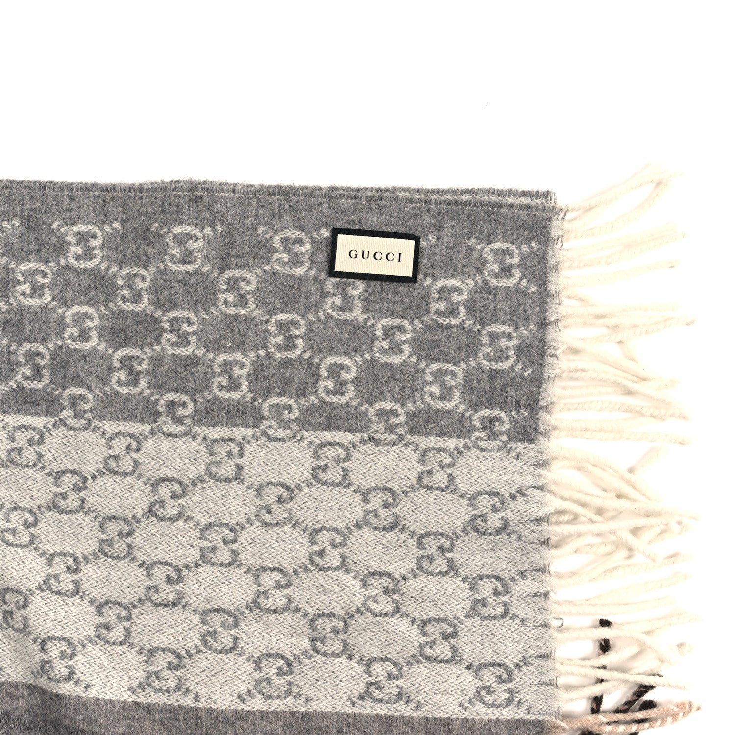 Gucci Cashmere Wool Monogram Web Fringe Scarf Grey Beige Brown 3 of 3
