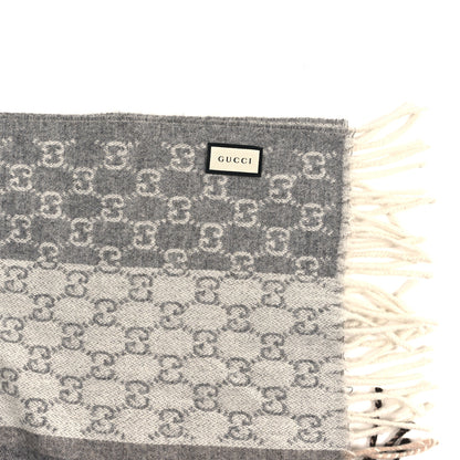Gucci Cashmere Wool Monogram Web Fringe Scarf Grey Beige Brown 3 of 3