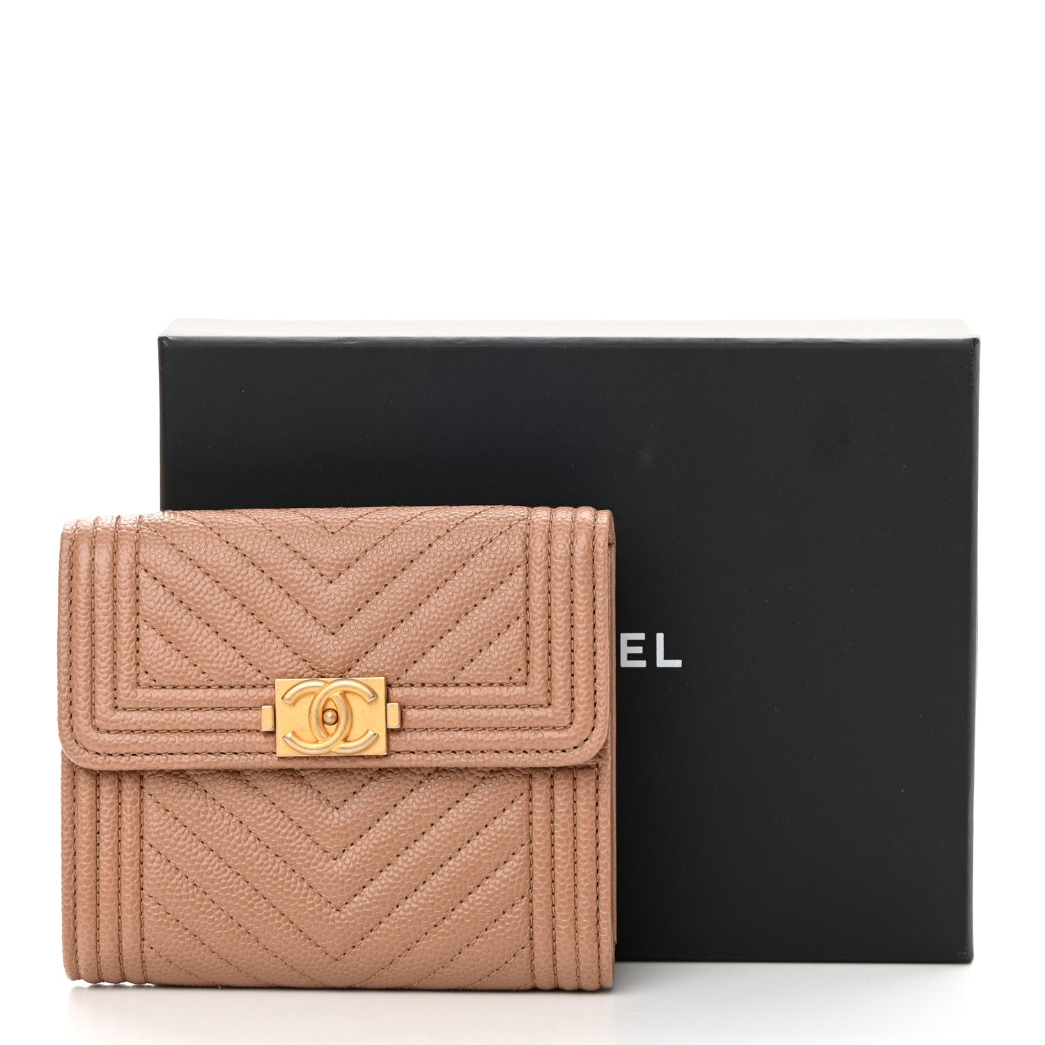Chanel Caviar Chevron Quilted Boy Compact Wallet Light Brown 9 of 9