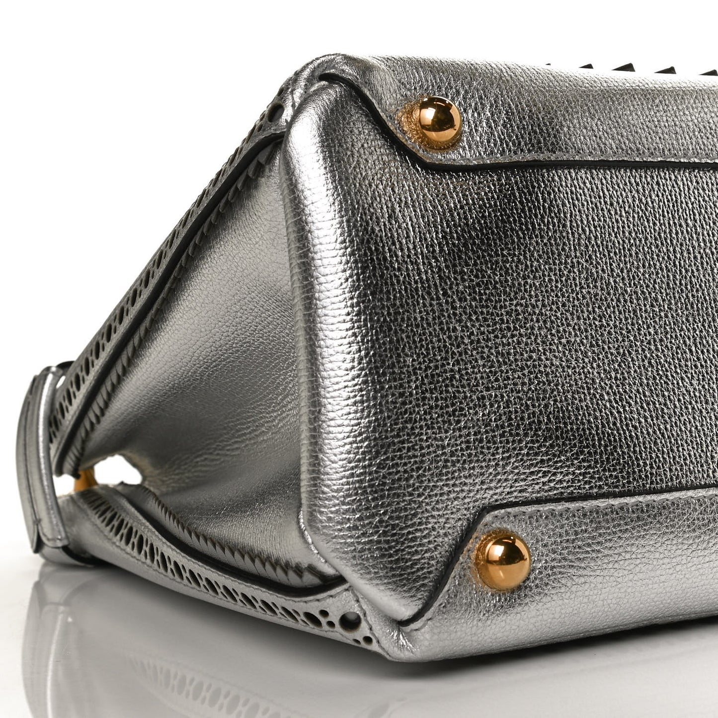 Metallic Calfskin Broguing Medium Banner Tote Silver