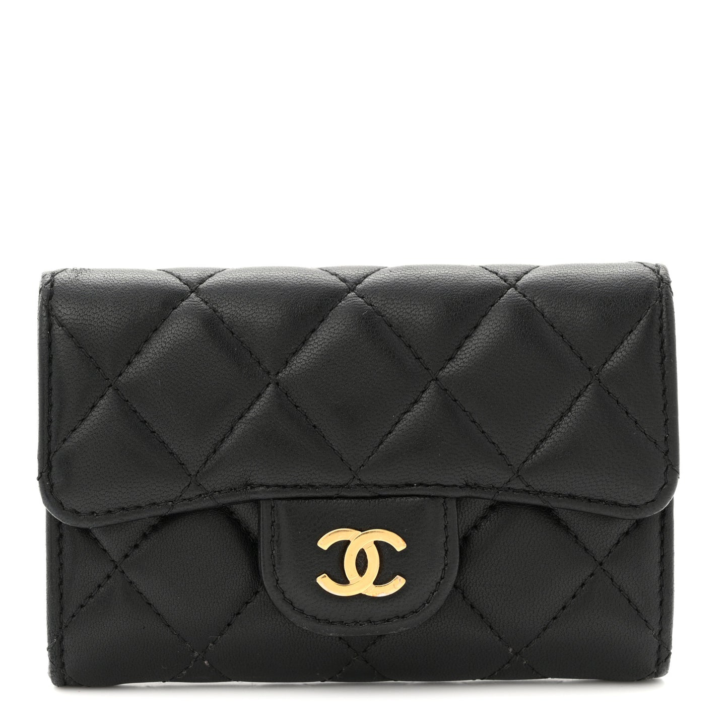 Lambskin Quilted Flap Card Holder Wallet Black