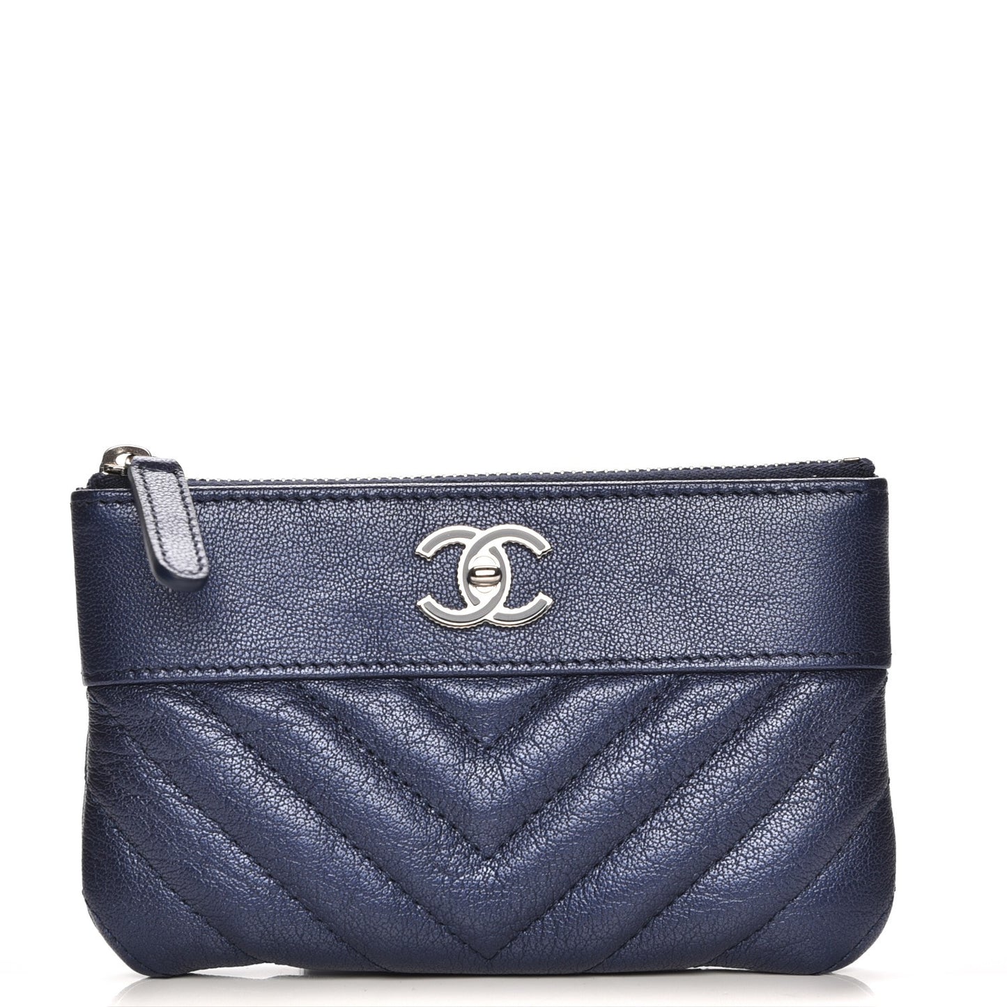 Metallic Sheepskin Chevron Quilted Small Vintage Mademoiselle Cosmetic Case Navy