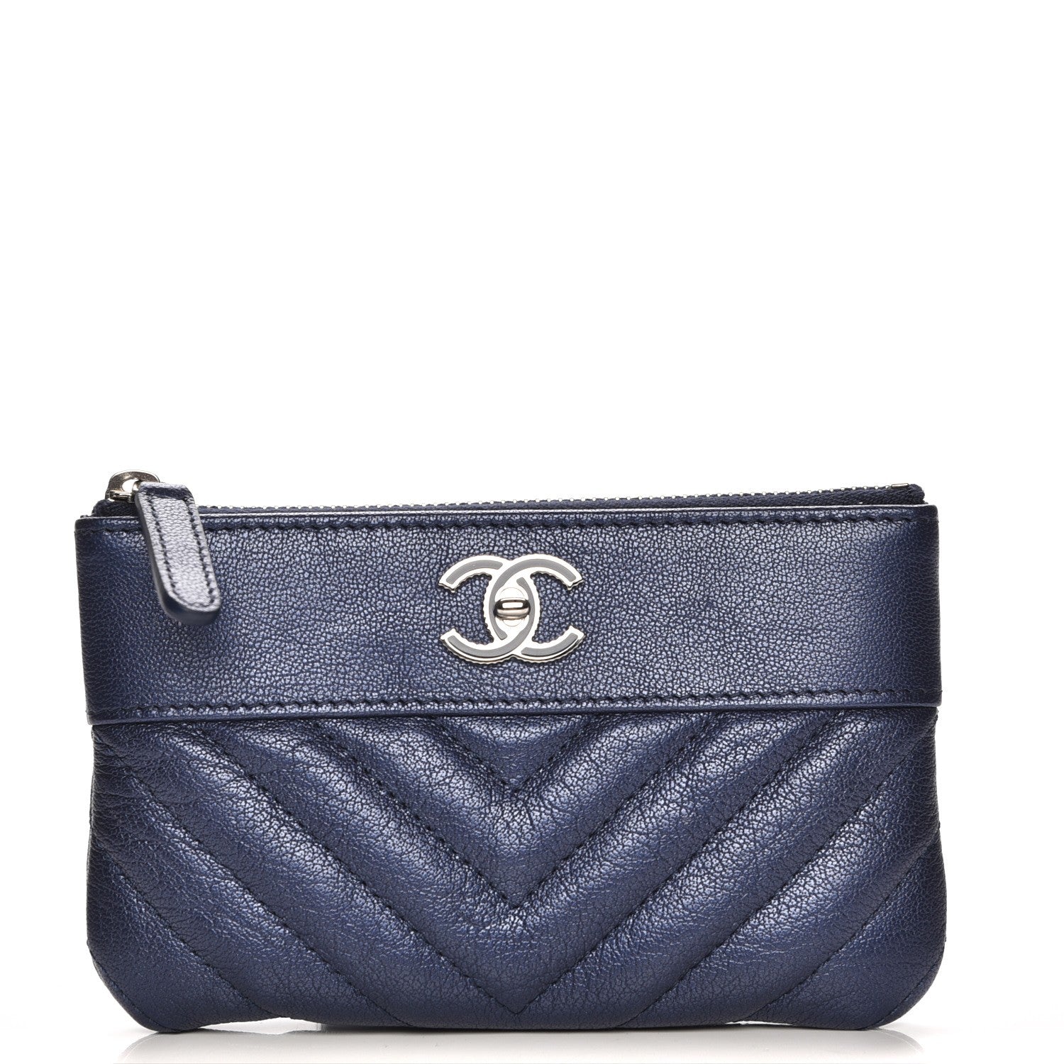 Chanel Metallic Sheepskin Chevron Quilted Small Vintage Mademoiselle Cosmetic Case Navy 1 of 8