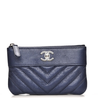 Chanel Metallic Sheepskin Chevron Quilted Small Vintage Mademoiselle Cosmetic Case Navy 1 of 8