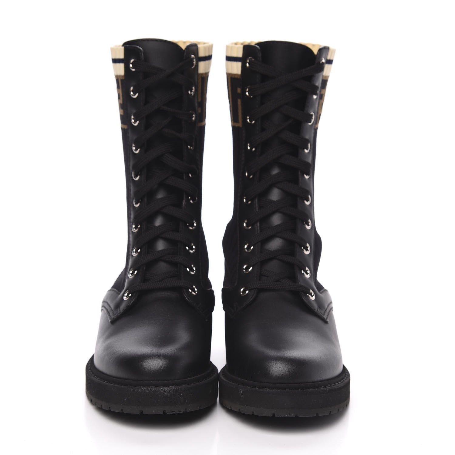 Fendi Calfskin Stretch Fabric Rockoko Biker Boots 37 Tobacco Black Marino 2 of 7