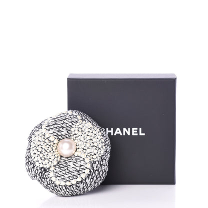Chanel Tweed Pearl Camellia Brooch Black White Grey 6 of 6