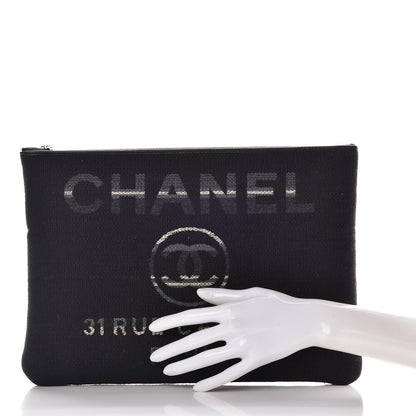 Chanel Striped Canvas Large Deauville Pouch Clutch Black 2 of 10