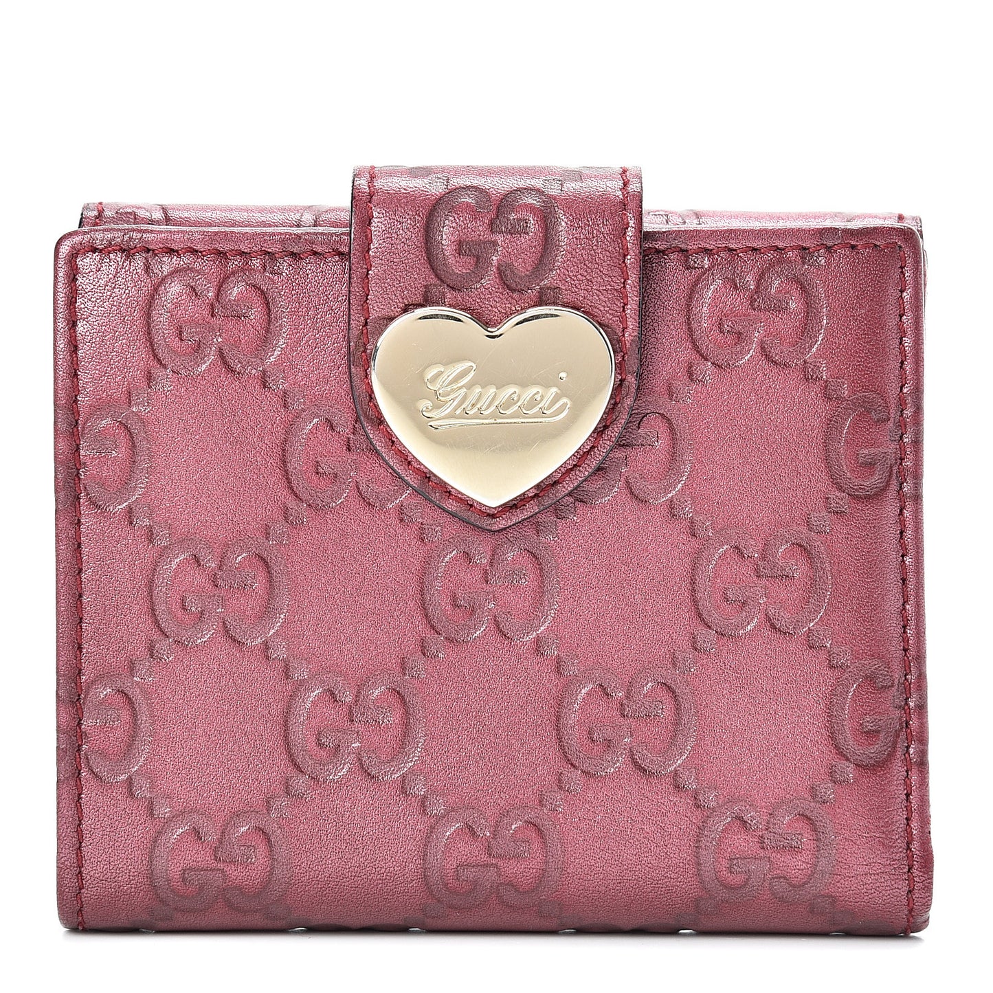 Metallic Guccissima Heart French Flap Wallet Red