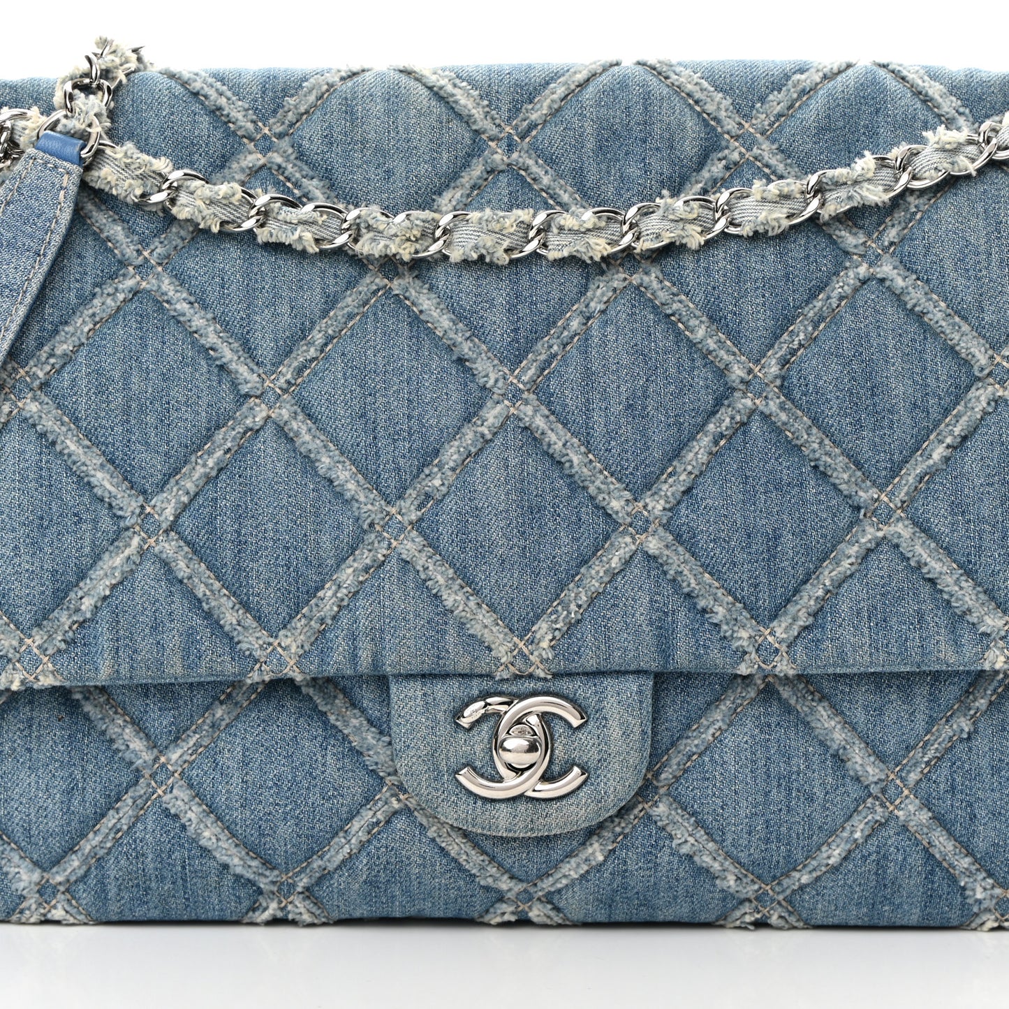 Frayed Denim Quilted Large Blue Chip Flap Blue