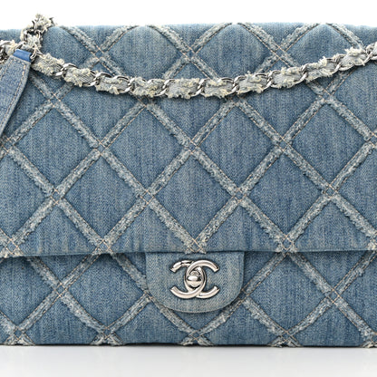 Chanel Frayed Denim Quilted Large Blue Chip Flap Blue 8 of 13