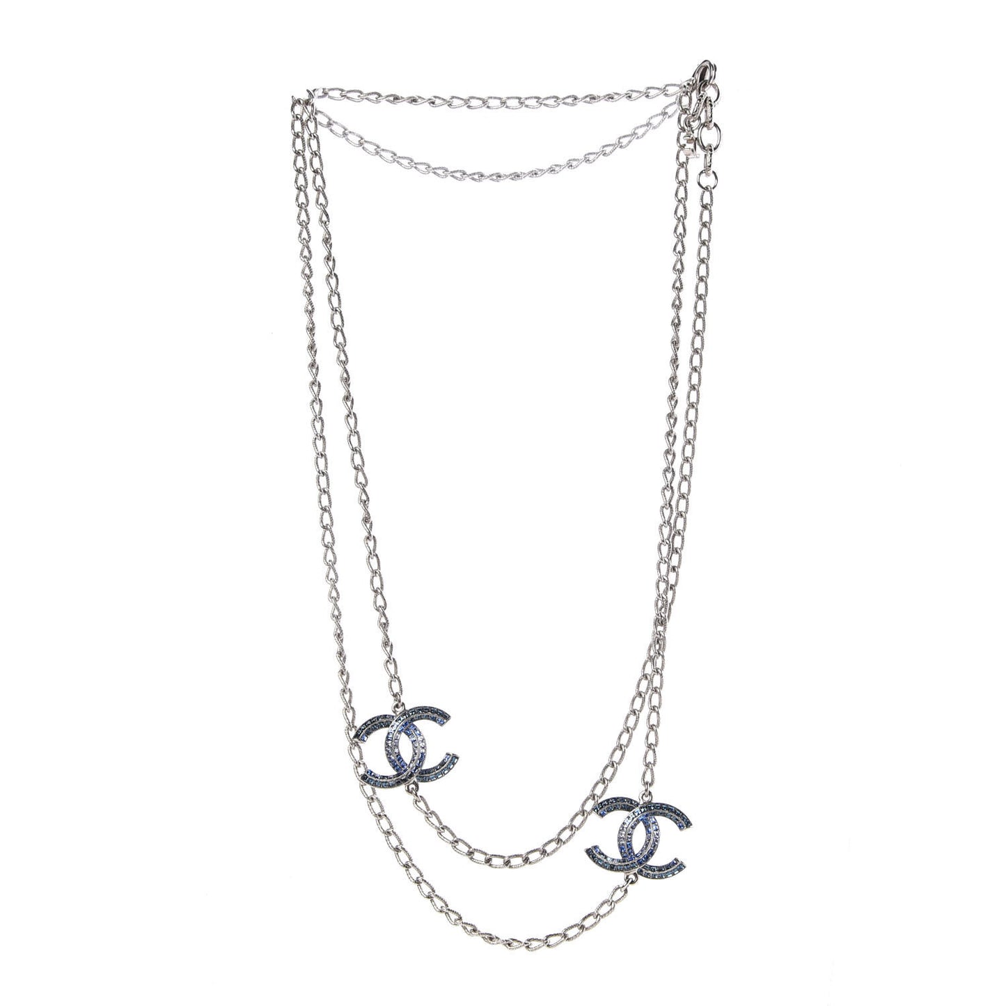 Crystal Baguette CC Double Strand Necklace Silver Blue