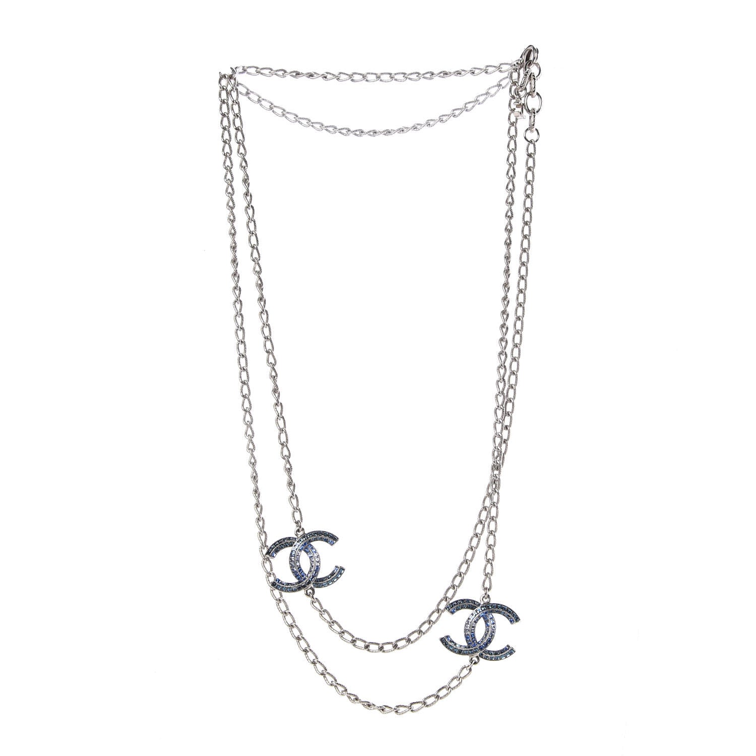 Chanel Crystal Baguette CC Double Strand Necklace Silver Blue 3 of 6