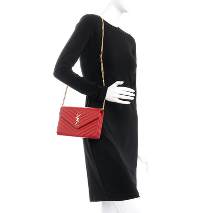 Saint Laurent Grain De Poudre Matelasse Chevron Monogram Chain Wallet New Red 2 of 12