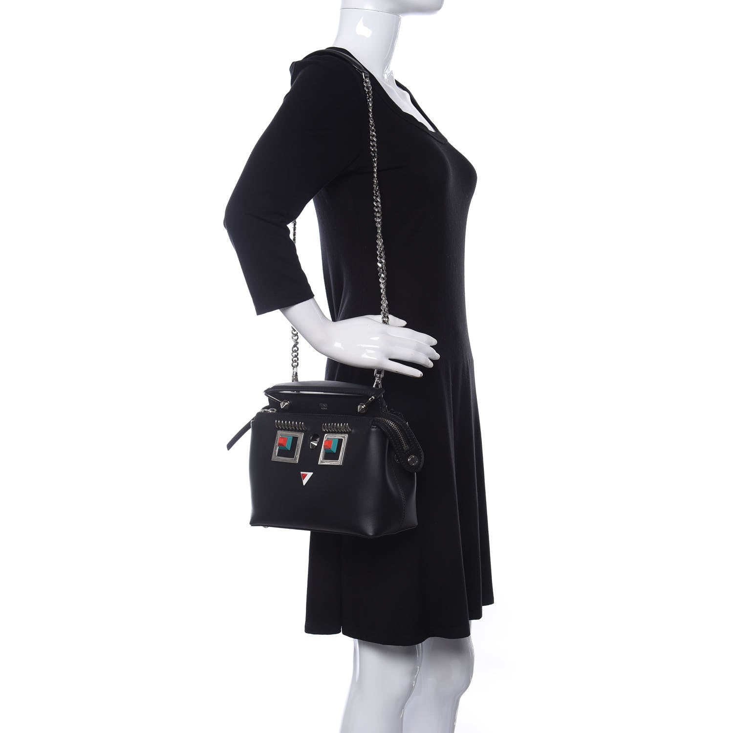 Fendi Vitello Baltico Hypnoteyes Studded Small Dotcom Click Chain Satchel Black 2 of 11