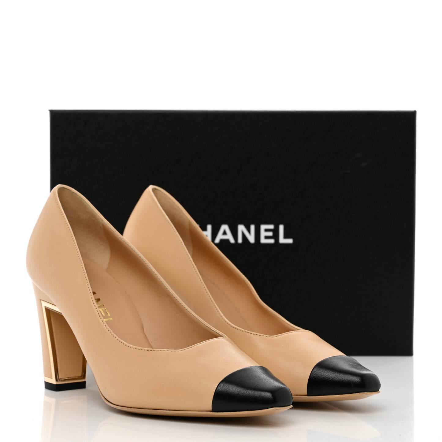 Lambskin Cap Toe Metal Heel Pumps 37.5 Beige Black